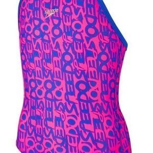 Speedo Text Allover Rippleback tyttöjen uimapuku sininen/pinkki